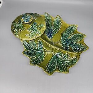 Vintage MCM California Pottery USA Leaf Platter Dish 13.5" Blue Green 3 Slot Lid